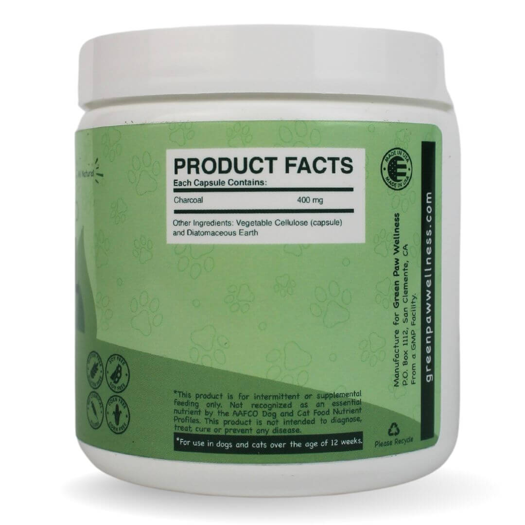 Green Paw Wellness Activated Charcoal supplement for dogs and cats on a white background