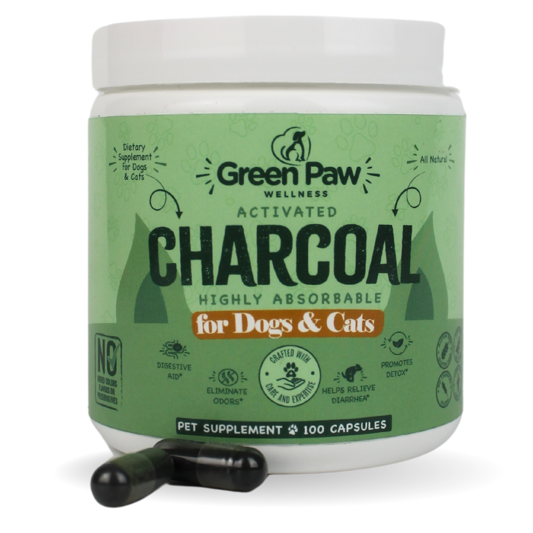 Green Paw Wellness Activated Charcoal capsules for dogs and cats — natural digestive and detox support